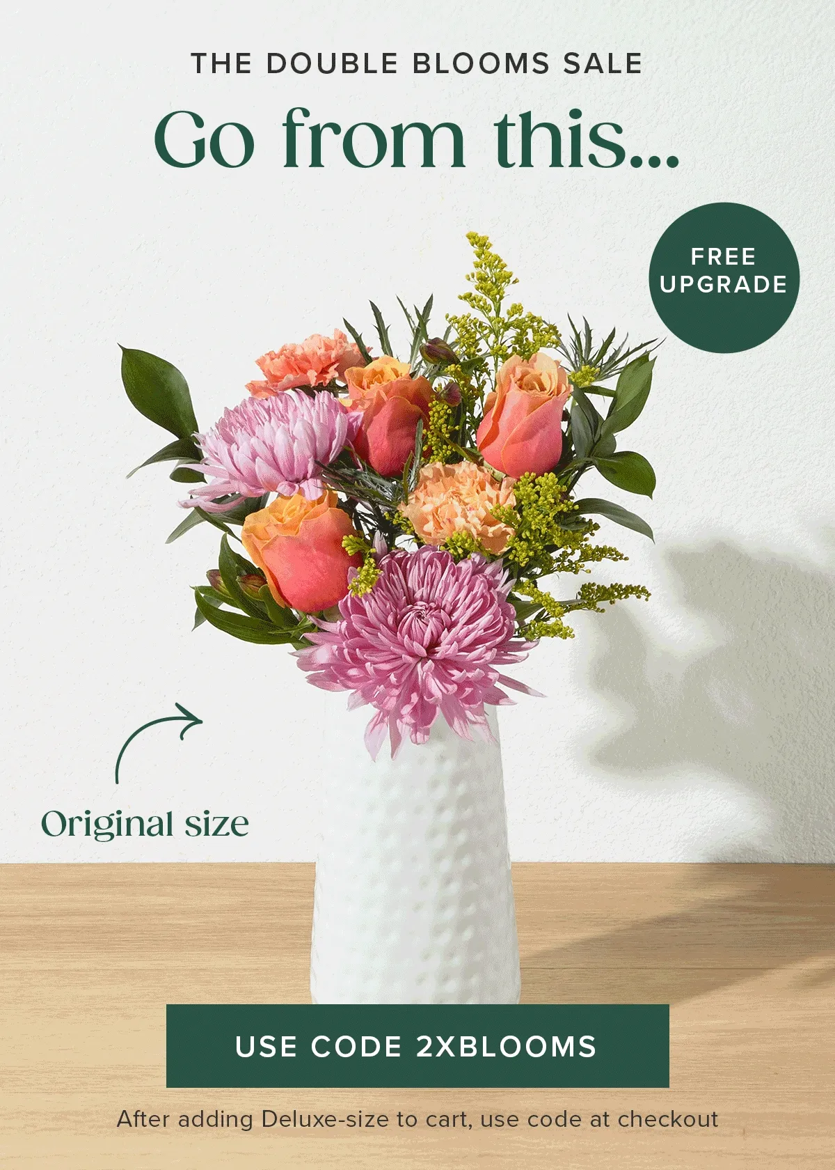 The Double Blooms Sale: Free Upgrade! Go from this... to this for FREE! Use code 2XBLOOMS. After adding Deluxe-size to cart, use code at checkout