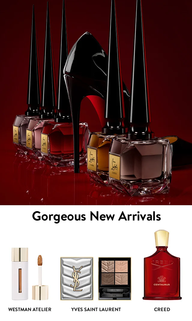 Christian Louboutin nail polish. Westman Atelier concealer. Yves Saint Laurent eyeshadow palette. Creed Centaurus.