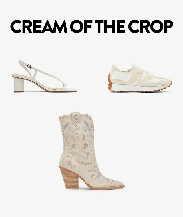 An assortment of cream-colored shoes.