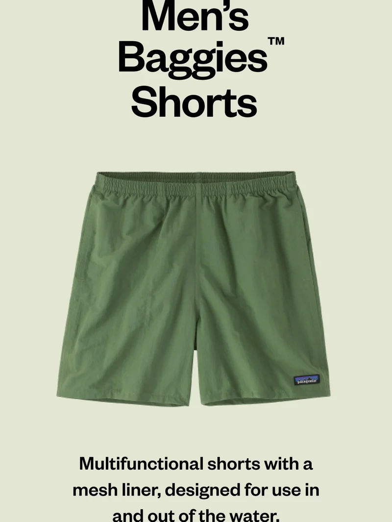 Men’s Baggies Shorts. Multifunctional shorts with a mesh liner, designed for use in and out of the water.