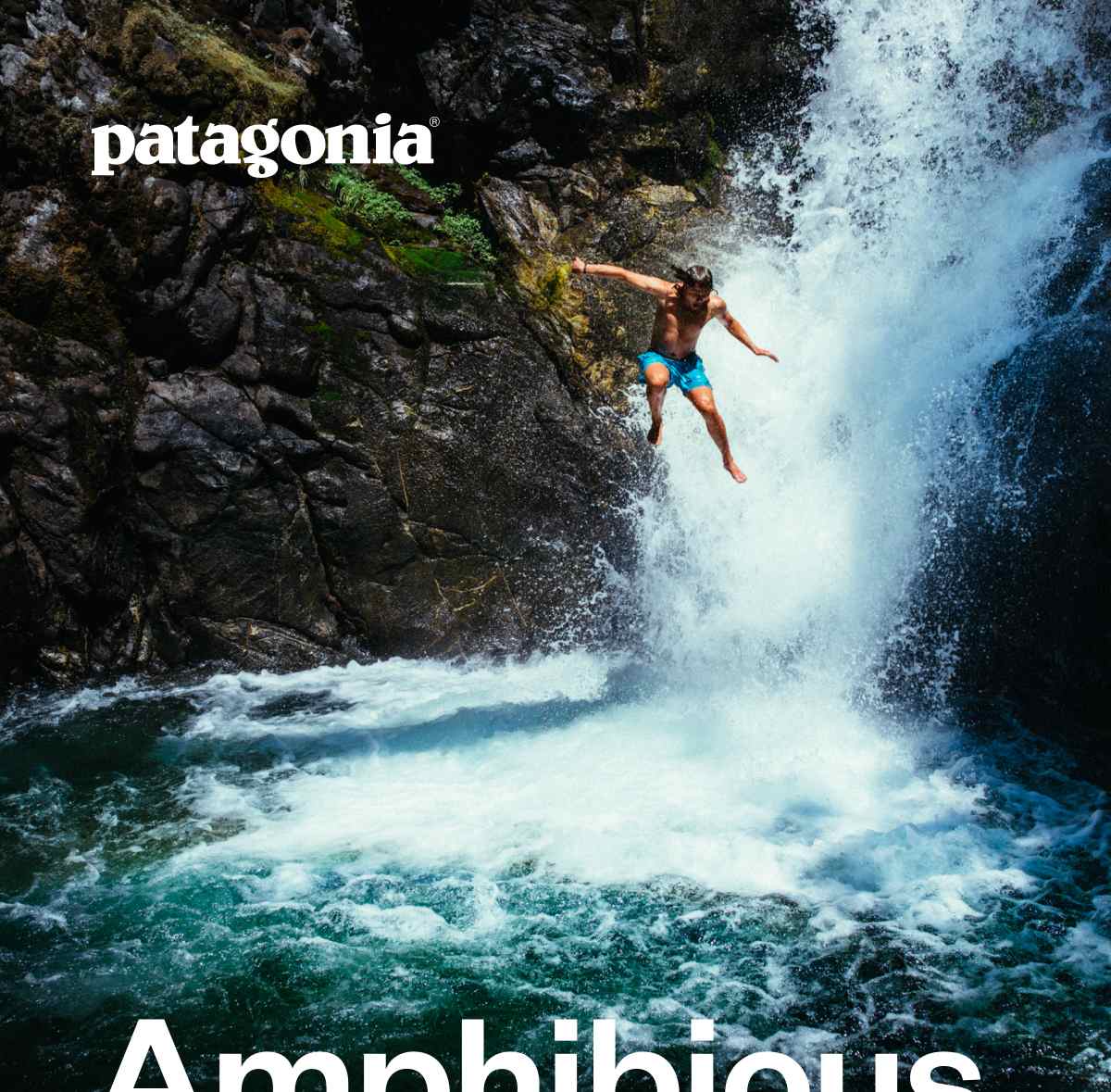 Patagonia. A person jumping off a waterfall into a pool of foamy water.
