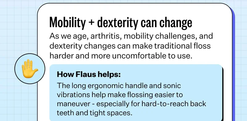 Mobility + dexterity can change As we age, arthritis, mobility challenges, and dexterity changes can make traditional floss harder and more uncomfortable to use. How Flaus helps: The long ergonomic handle and sonic vibrations help make flossing easier to maneuver - especially for hard-to-reach back teeth and tight spaces.