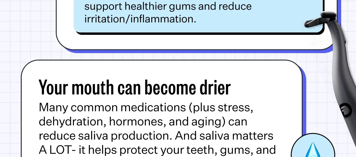 Your mouth can become drier. Many common medications (plus stress, dehydration, hormones, and aging) can reduce saliva production. And saliva matters A LOT - it helps protect your teeth, gums, and oral microbiome. Your mouth can become drier. Many common medications (plus stress, dehydration, hormones, and aging) can reduce saliva production. And saliva matters A LOT - it helps protect your teeth, gums, and oral microbiome.