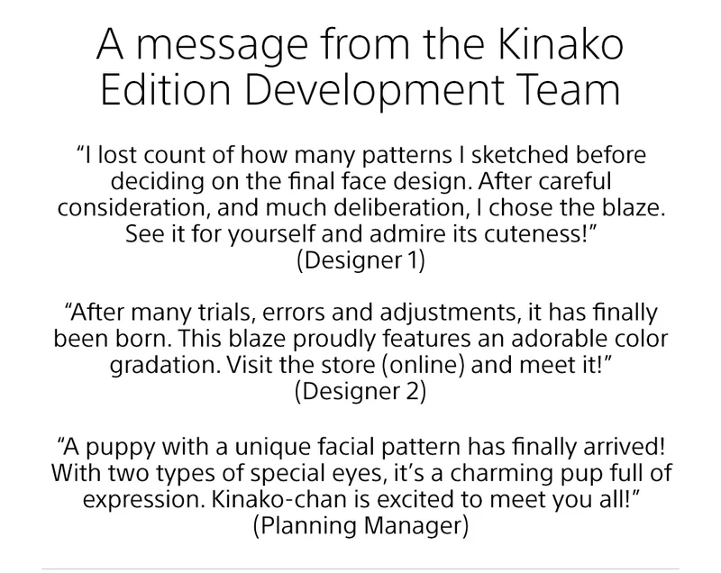A message from the Kinako Edition Development Team. | “I lost count of how many patterns I sketched before deciding on the final face design. After careful consideration, and much deliberation, I chose the Hachiware. See it for yourself and admire its cuteness!” (Designer 1) | “After many trials, errors and adjustments, it has finally been born. This Hachiware proudly features an adorable color gradation. Visit the store (online) and meet it!” (Designer 2) | “A puppy with a unique facial pattern has finally arrived! With two types of special eyes, it’s a charming
 pup full of expression. Kinako-chan is excited to meet you all!” (Planning Manager)
