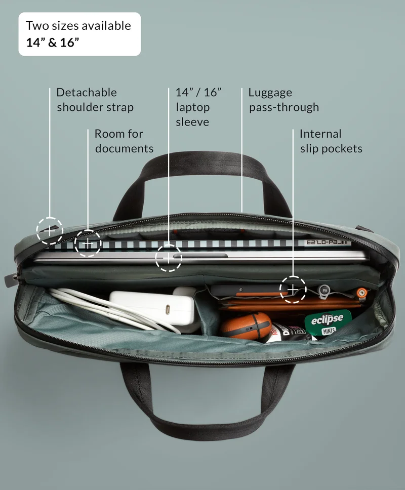 14” / 16” laptop sleeve Internal slip pockets Room for documents Detachable shoulder straps Luggage pass-through