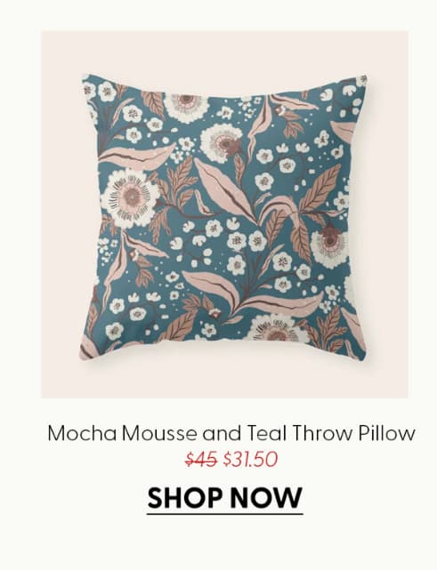 Mocha Mousse and Teal Winter Floral Pattern Elegant Vintage Botanical Design Throw Pillow
