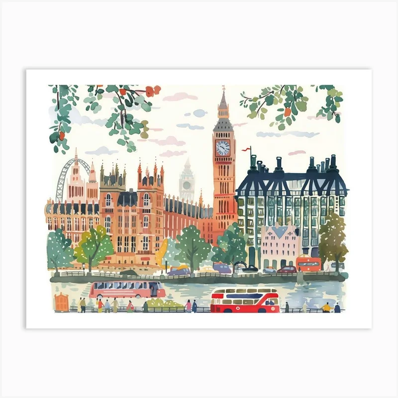 Image of London Landmarks Landscape Watercolour Art Print