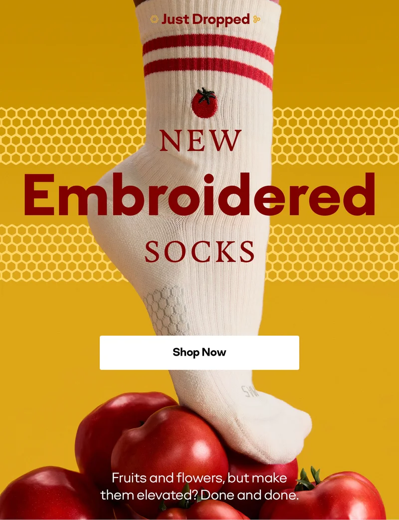 NEW Embroidered SOCKS. Shop Now. Fruits and flowers, but make them elevated? Done and done.