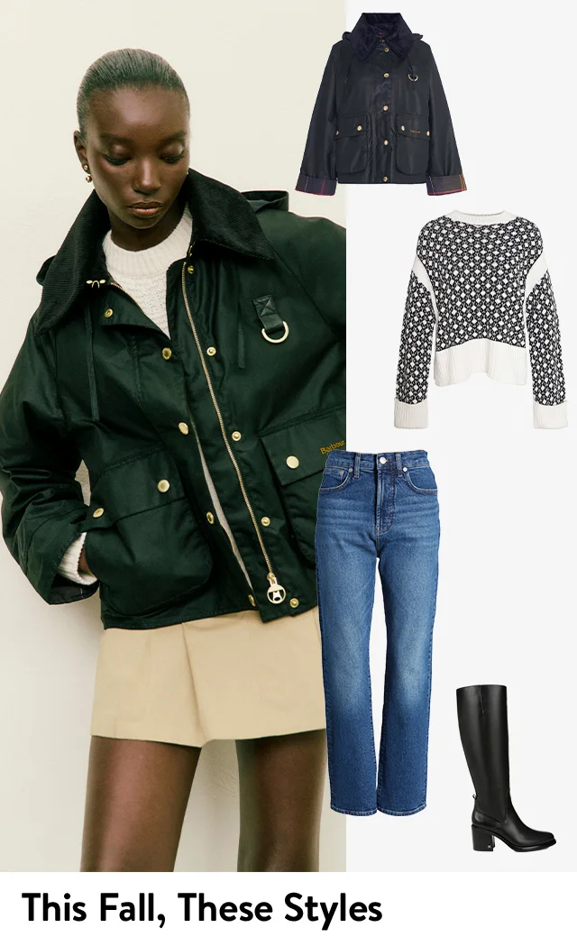 A woman wearing a short jacket over a sweater and skirt. Tall black boots, straight-leg jeans, a workwear jacket and a patterned sweater.
