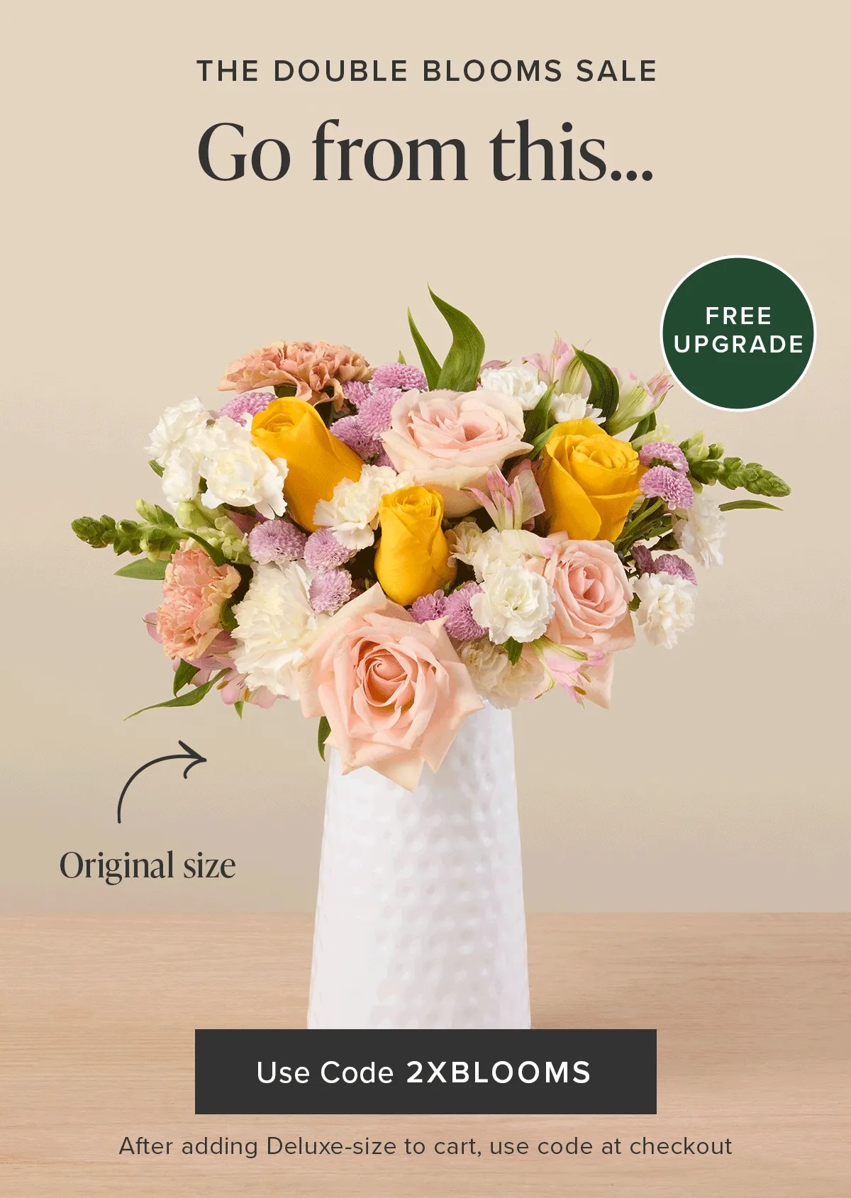 The Double Blooms Sale: Free Upgrade. Go from an original size...to a deluxe size...for FREE! Use code 2XBLOOM after adding a deluxe-size Bouq to your cart.