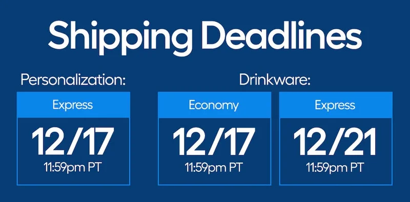 Shipping Deadline. Personalization Express 12/17. Drinkware Economy 12/17, Express 12/21.