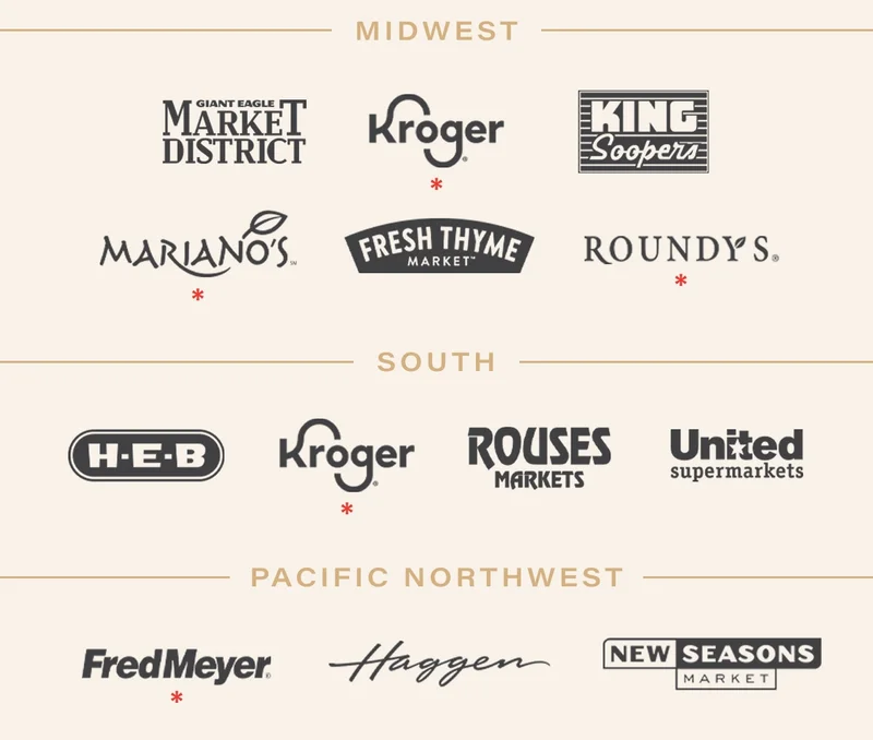 MIDWEST: Giant Eagle Market District, Kroger, King Soopers, Mariano's, Fresh Thyme Market, Roundys. SOUTH: HEB, Kroger, Rouses Markets, United Supermarkets. PACIFIC NORTHWEST: FredMeyer, Haggen, New Seasons Market.