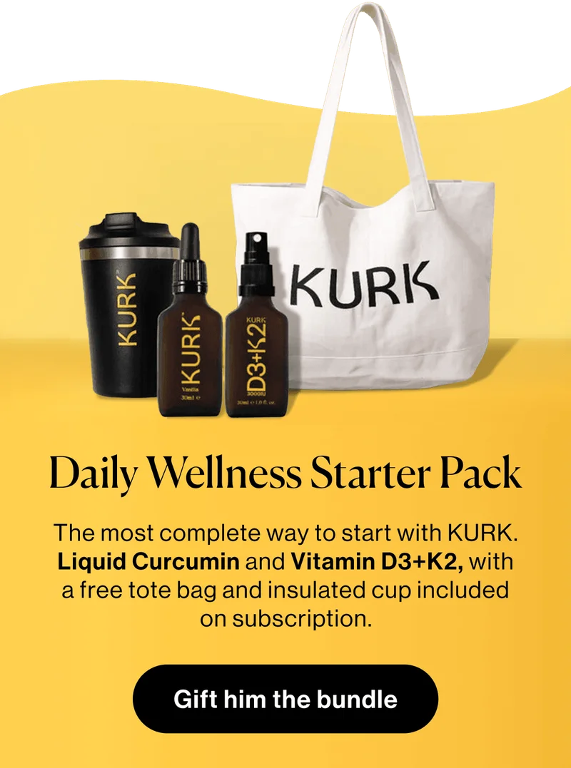 Daily Wellness Starter Pack. The most complete way to start with KURK. Liquid Curcumin and Vitamin D3+K2, with a free tote bag and insulated cup included on subscription.