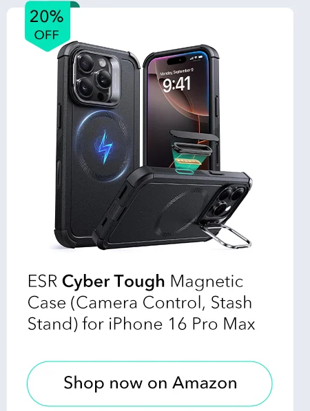 ESR Cyber Tough Magnetic Case (Camera Control, Stash Stand) for iPhone 16 Pro Max