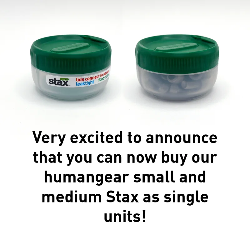 2 containers. Text that reads "Very excited to announce that you can now buy our humangear small and medium Stax as single units!"