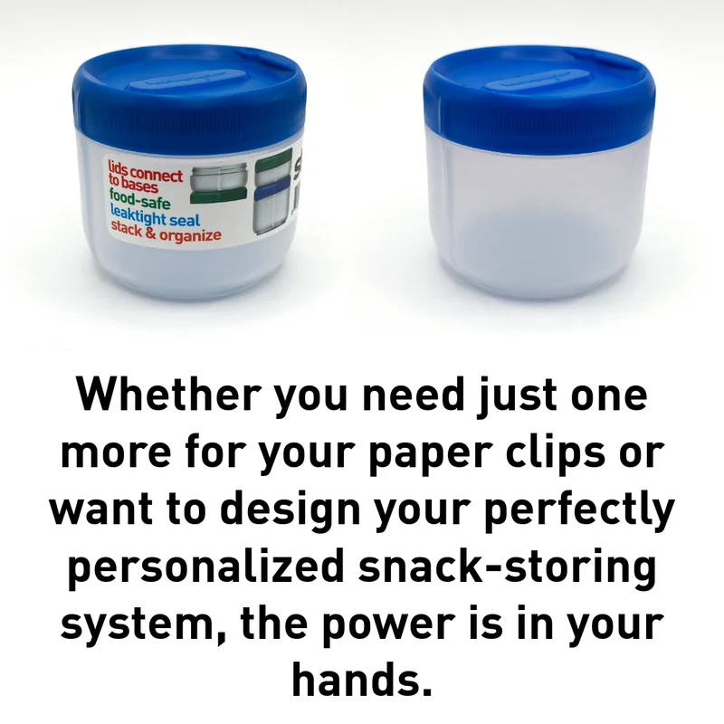 Two small containers, text that reads "Whether you need just one more for your paper clips or want to design your perfectly personalized snack-storing system, the power is in your hands."