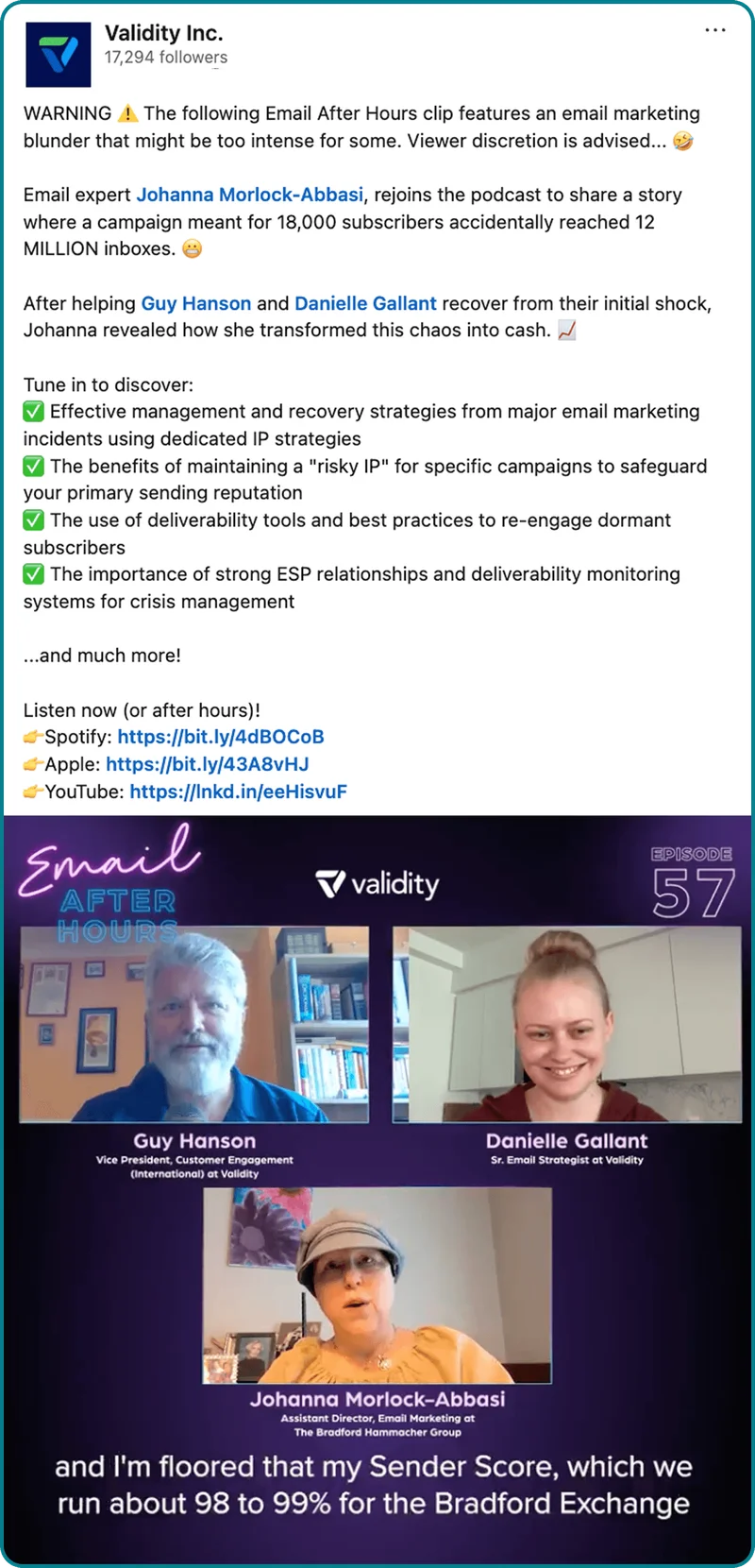 Validity Social Post promoting their latest Email After Hours podcast episode