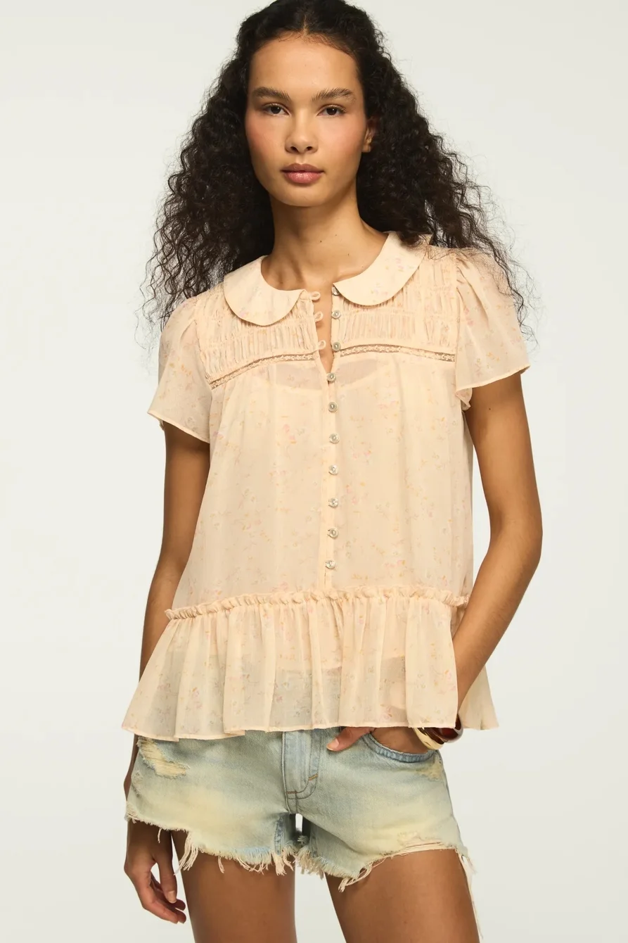 Image of Lucky Brand Ruched Henley Swing Top - Women's Clothing Tops Tees Henley Shirt in Peach Floral