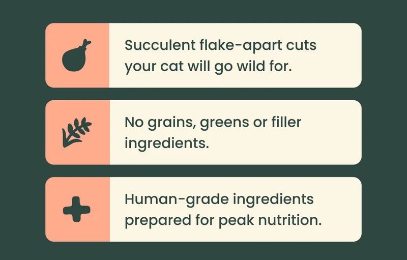 Succulent flake-apart cuts your cat will go wild for. No grains, greens or filler ingredients. Human-grade ingredients prepared for peak nutrition.