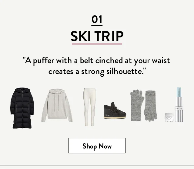 Moncler parka, Nordstrom sweater, SKIMS leggings, Moon Boot boots, Johnstons of Elgin gloves and Prada lip balm.