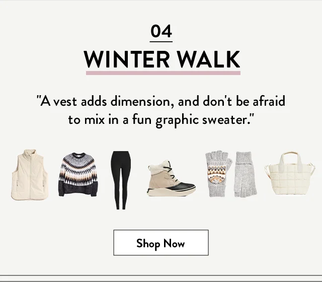 Vuori vest, Reiss sweater, Varley leggings, SOREL boots, Treasure & Bond gloves and VeeCollective tote.