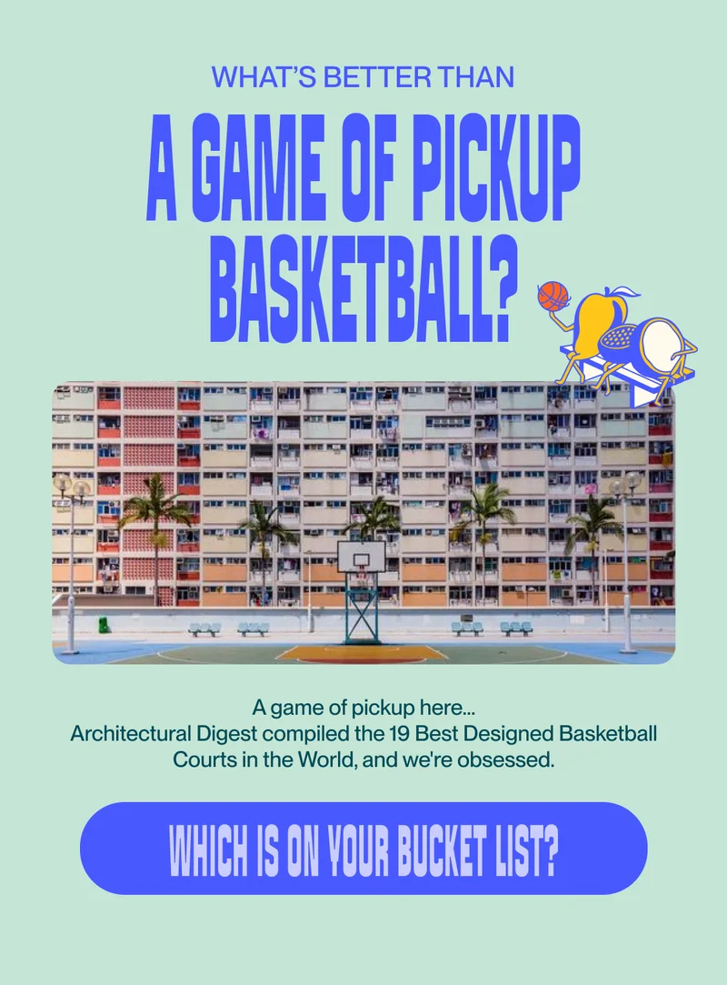 What's better than a game of pickup basketball? A game of pickup here... Architectural Digest compiled the 19 Best Designed Basketball Courts in the World, and we're obsessed. which is on your bucket list?