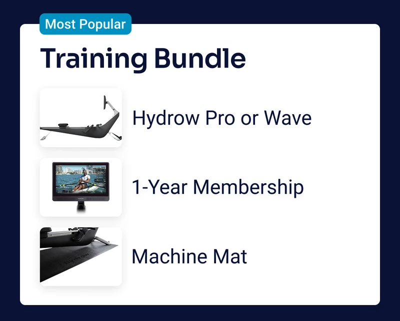 Most popular. Training bundle. Hydrow Pro or Wave. 1-Year Membership. Machine mat.
