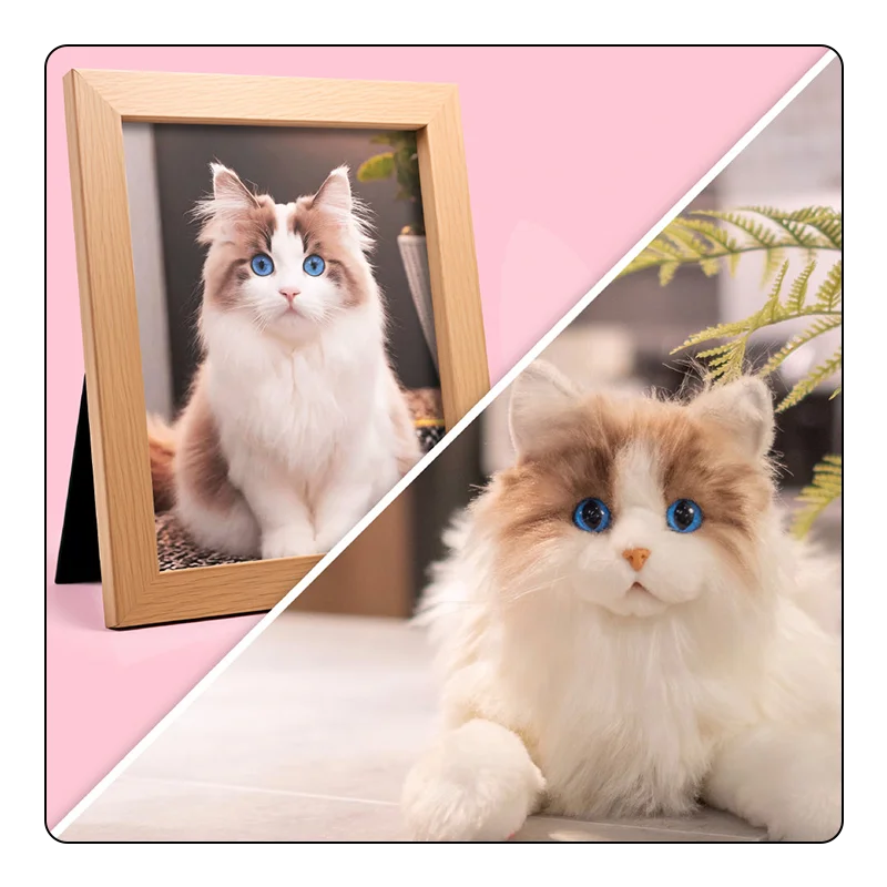 Customer photo of a white cat with blue eyes laying next to her pet replica