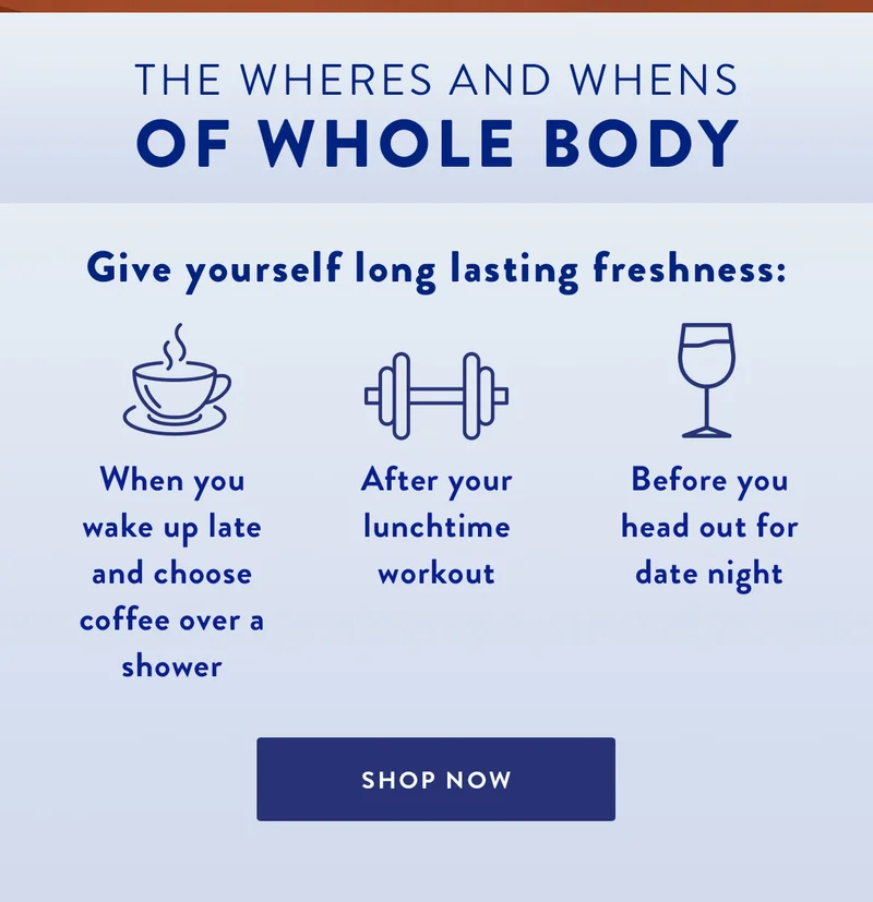 The Wheres and Whens of Whole Body | Give yourself long lasting freshness: | When you wake up late and choose coffee over a shower | After your lunchtime workout | Before you head out for date night | SHOP NOW