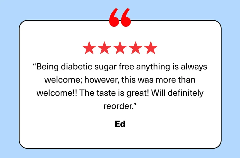 “Being diabetic sugar free anything is always welcome; however, this was more than welcome!! The taste is great! Will definitely reorder.” Ed