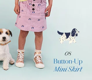 Button Pull-On Mini Skirt - Zephyr Pink Pup Embroidery