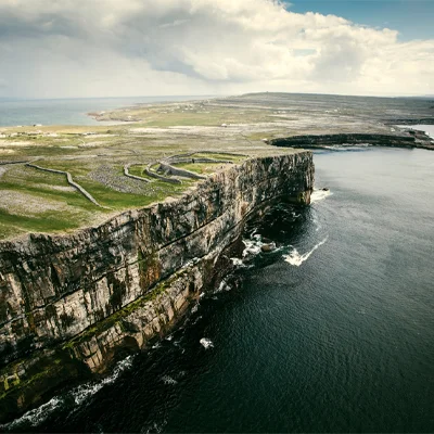 The ancient fort of Dun Aonghasa can be seen upon the clifftop of Inishmore, the largest of the Aran Islands.