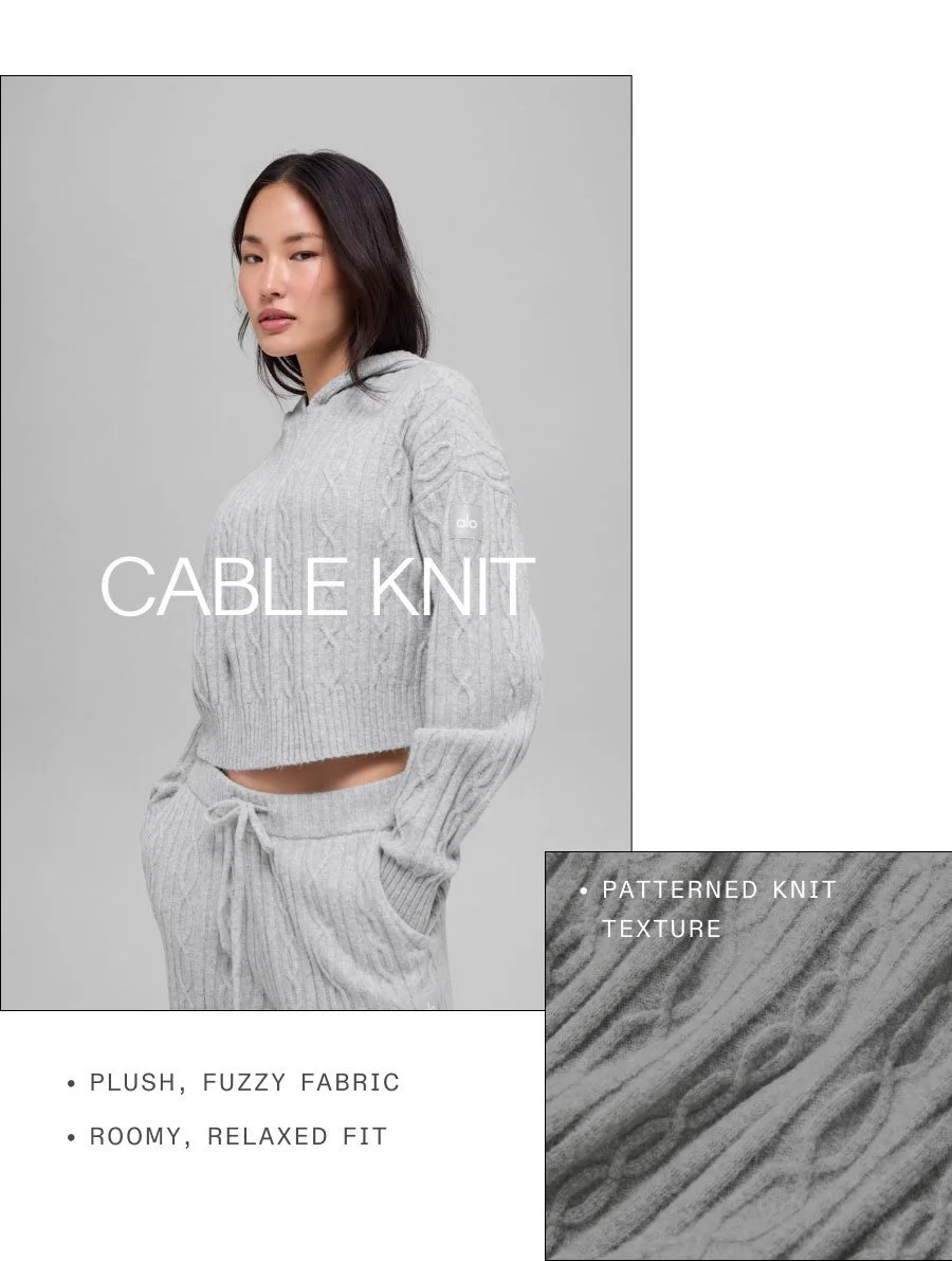 CABLE KNIT. PATTERNED KNIT TEXTURE. PLUSH, FUZZY FABRIC. ROOMY, RELAXED FIT