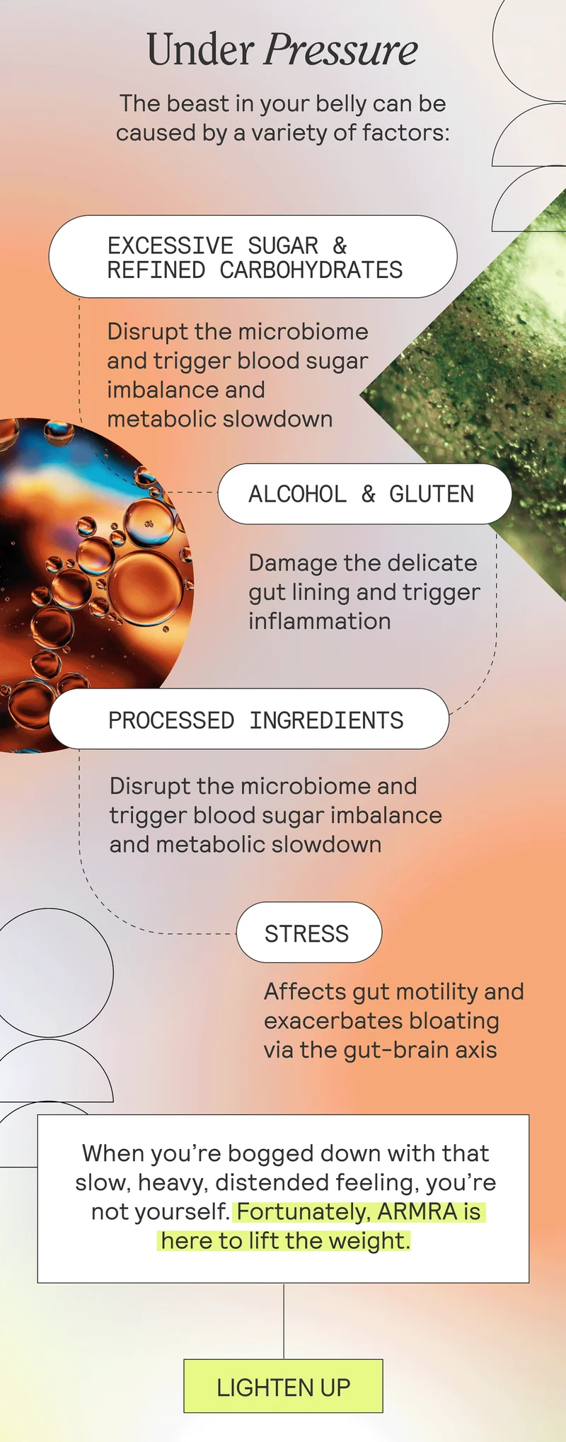 Under Pressure. The beast in your belly can be caused by a variety of factors:  EXCESSIVE SUGAR & REFINED CARBOHYDRATES. Disrupt the microbiome and trigger blood sugar imbalance and metabolic slowdown. ALCOHOL & GLUTEN. Damage the delicate gut lining and trigger inflammation. PROCESSED INGREDIENTS. Lead to metabolic disruption, leaving you feeling sluggish and heavy. STRESS. Affects gut motility and exacerbates bloating via the gut-brain axis. When you’re bogged down with that slow, heavy, distended feeling, you’re not yourself. Fortunately, ARMRA is here to lift the weight. LIGHTEN UP