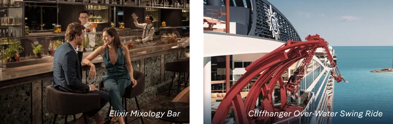 Onboard MSC&nbsp;World America: Elixir Mixology Bar (Left) & Cliffhanger Over-Water Swing Ride (Right) – Click to View Cruises & Book Now