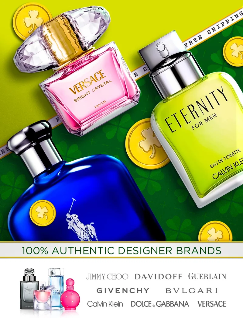 Best selling fragrances sit on a St. Patrick's Day background scattered with golden coins