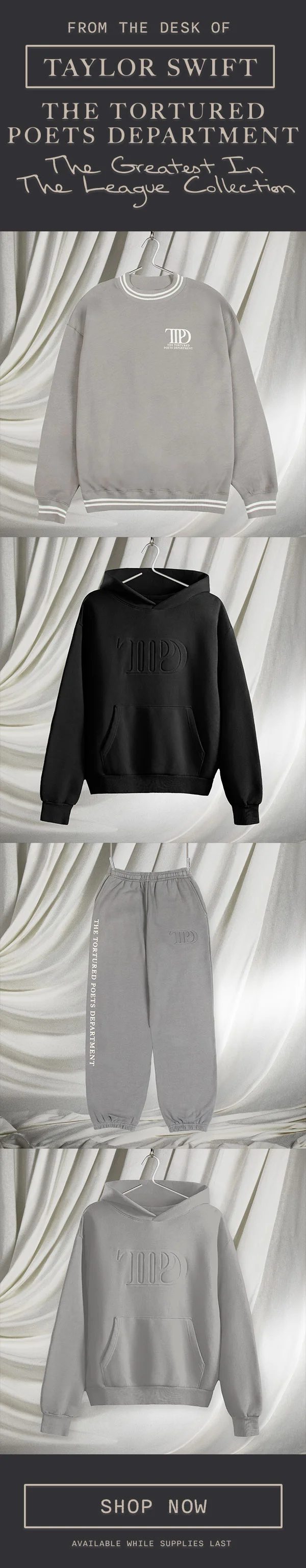 From the desk of Taylor Swift. THE TORTURED POETS DEPARTMENT. The Greatest In The League Collection. Shop now. Available while supplies last
