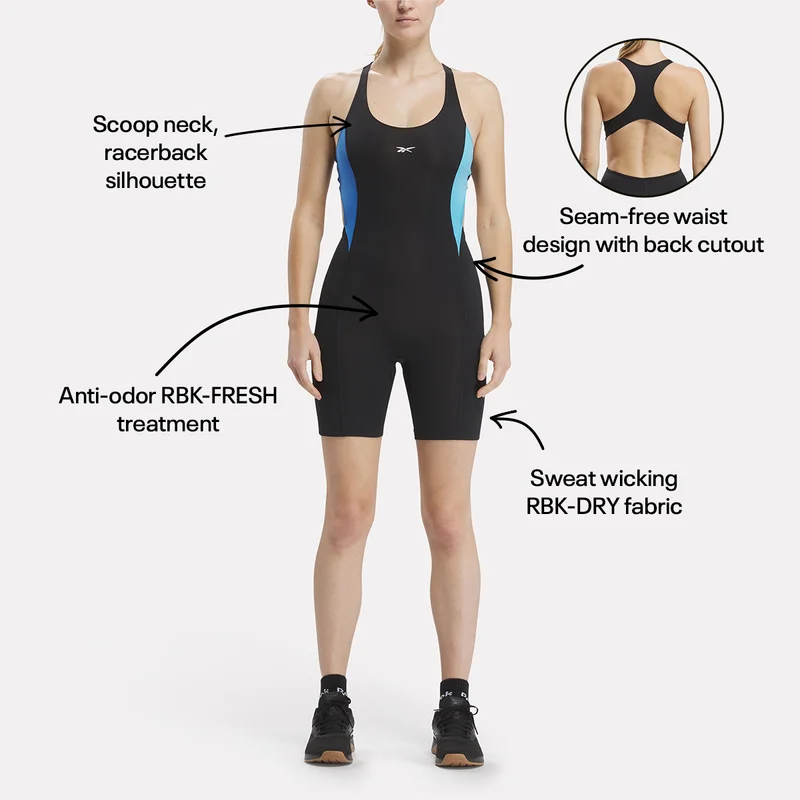 Lux Bold Short Bodysuit | Scoop neck, racerback silhouette, seam-free waist design with back cutout, sweat wicking RBK-DRY fabric and anti-odor RBK-FRESH treatment.