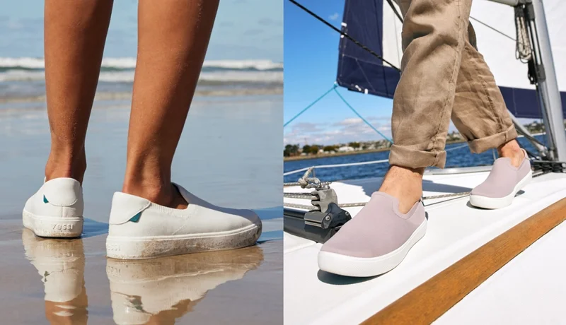 Two lifestyle graphics of a man wearing the Boardwalk Slip-On in Sail White and March Brown Mauve.