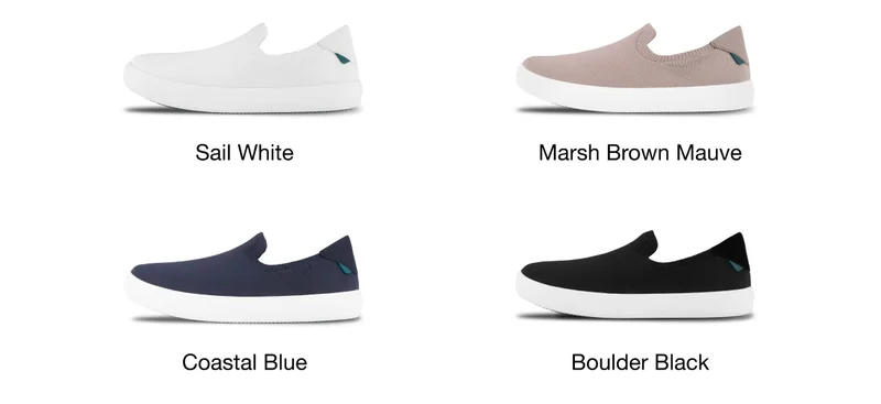 Boardwalk Slip-On in Sail White, Marsh Brown Mauve, Coastal Blue, Boulder Black.