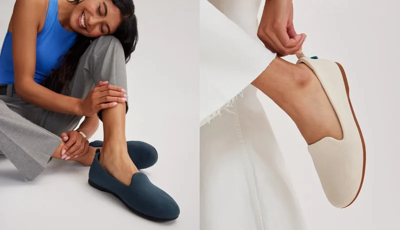 Two lifestyle graphics of a women wearing the Market Flat in Sea and Sand.