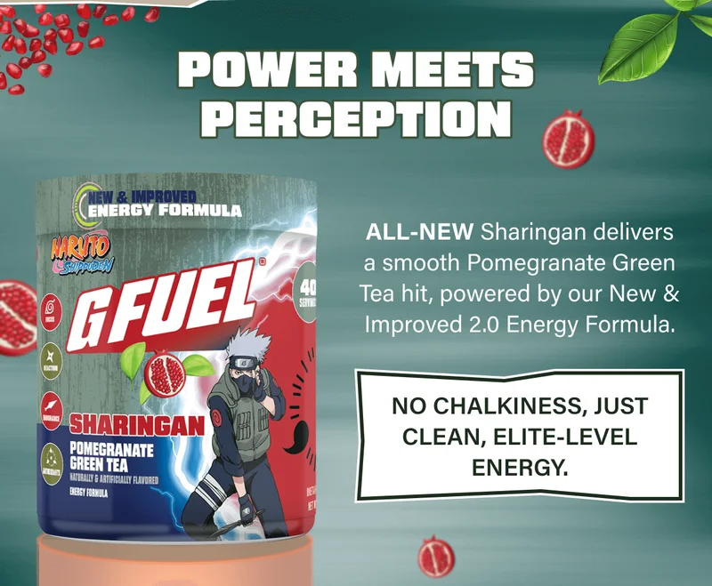 ALL-NEW Sharingan delivers a smooth Pomegranate Green Tea hit, powered by our New & Improved 2.0 Energy Formula.