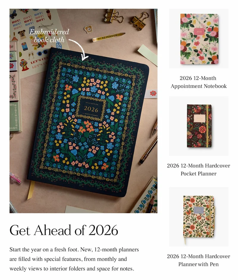 Floral embroidered 2026 planner on desk, with three 12-month planner options shown on the side. Text reads "Get Ahead of 2026."