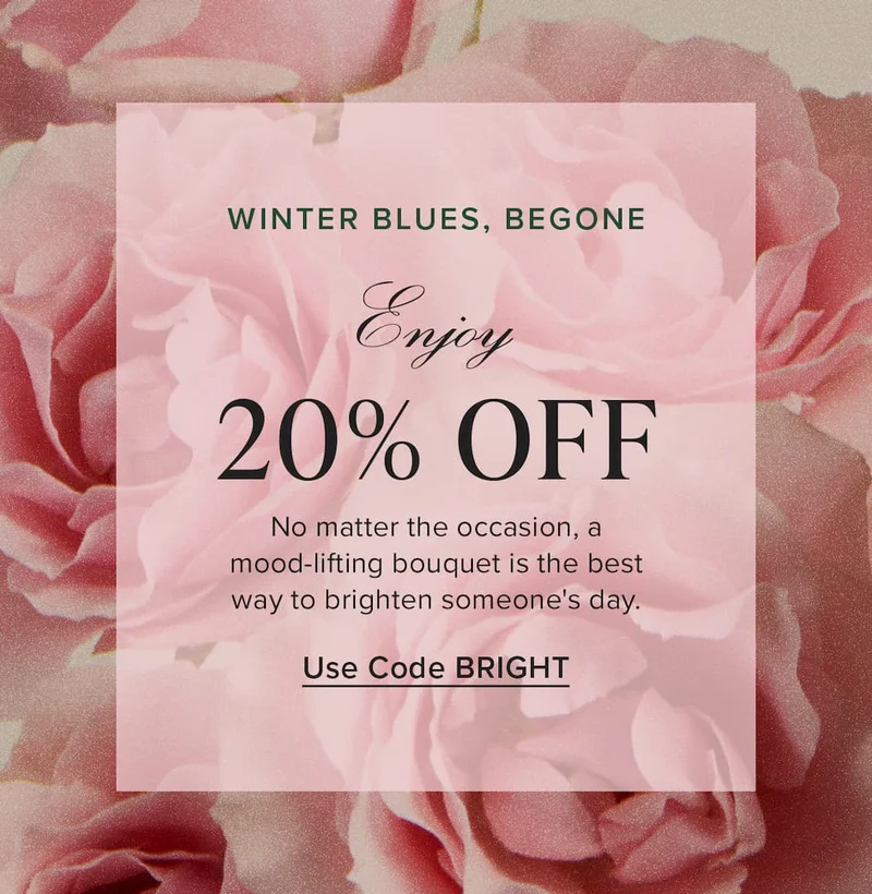 Winter Blues, Begone! Enjoy 20% Off. No matter the occasion, a mood-lifting bouquet is the best way to brighten someone's day. Use code discount code
