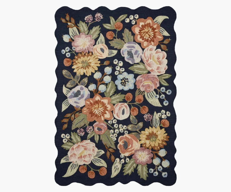 Image of Vintage Blossoms Wool-Hooked Rug - Navy