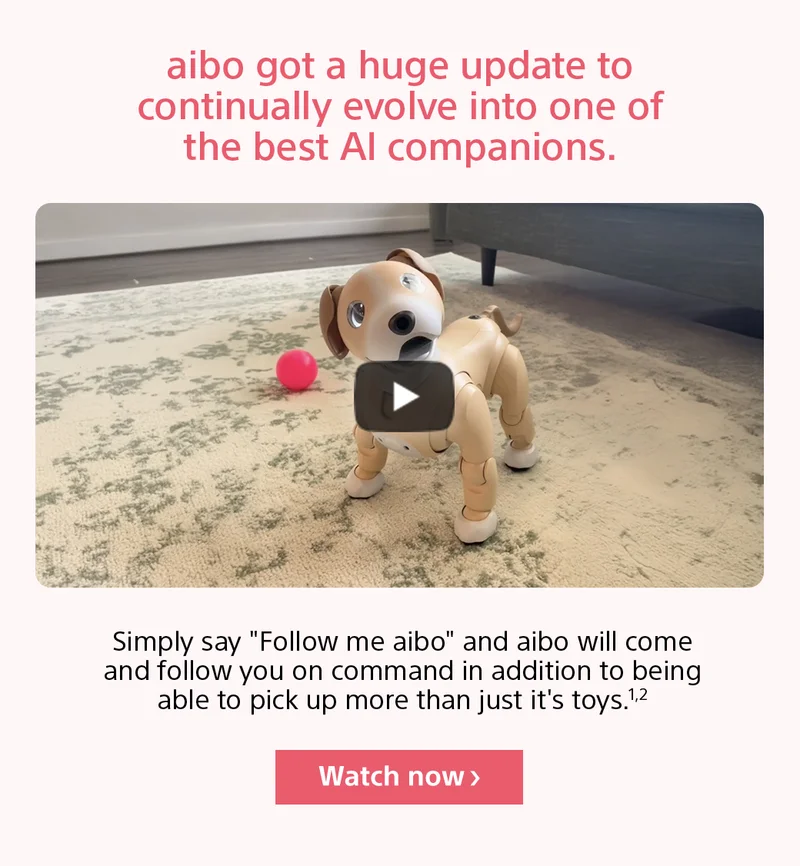 aibo got a huge update to continually evolve into one of the best AI companions. Simply say &Quote;Follow me aibo&quote; and aibo will come and follow you on command in addition to it being able to pick up more than just it's toys. Watch Now>