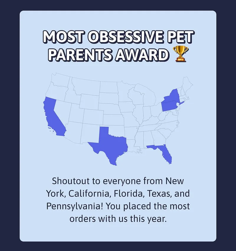 Most Obsessive Pet Parents Award 🏆 Shoutout to everyone from New York, California, Florida, Texas, and Pennsylvania! You placed the most orders with us this year.