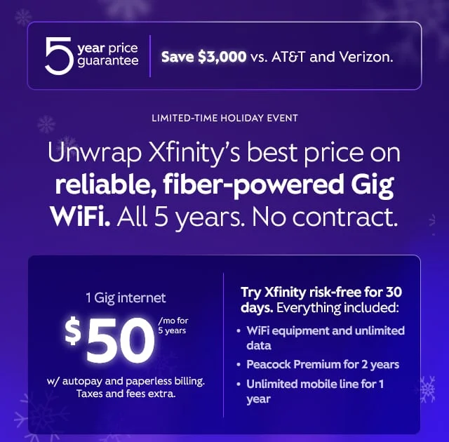 5 year price guarantee. Save $3,00 vs. AT&T and Verizon. Limited-Time Holiday Event. Unwrap Xfinity’s best price on reliable, fiber-powered Gig WiFi. All 5 years. No contract.1 Gig internet. $50/mo for 5 years. w/autopay and paperless billing/ Taxes and fees extra. Try Xfinity risk-free for 30 days. Everything included: WiFi equipment and unlimited data. Peacock Premium for 2 years. Unlimited mobile line for 1 year.