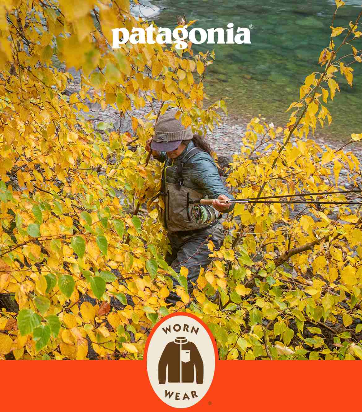 Patagonia. A fly angler walks through a bush on the bank of a river.