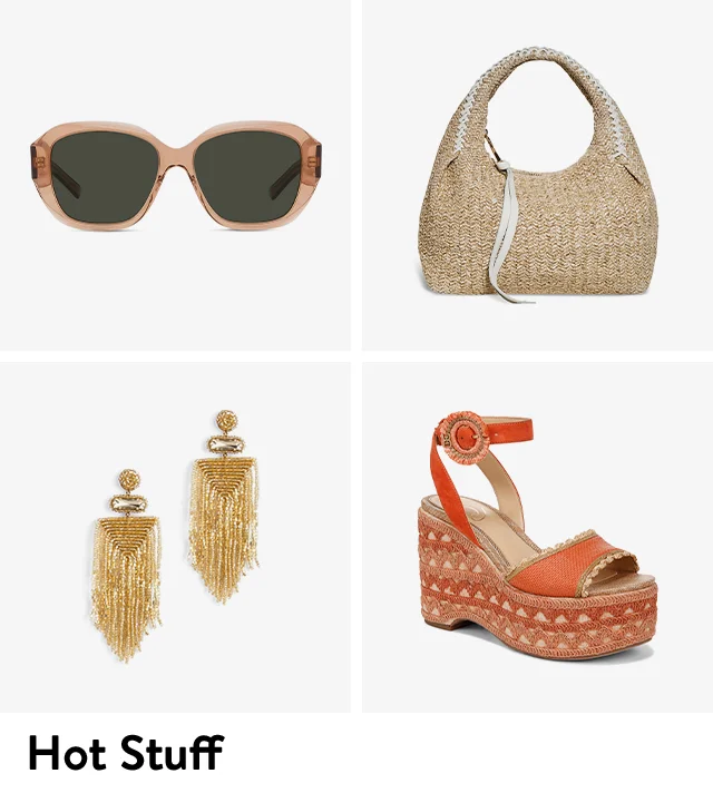 Round sunglasses, woven top-handle bag, beaded tassel earrings, espadrille platform sandals.